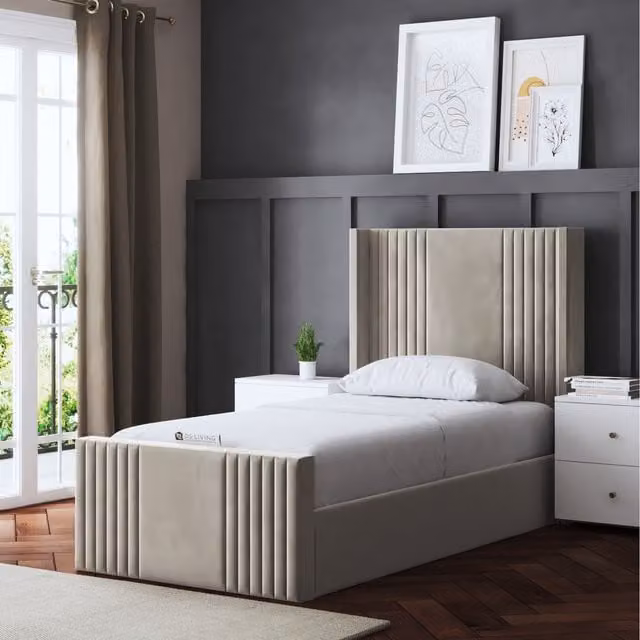 DS Living Elara Winged Ottoman Panel Bed with Headboard in Beige, Single