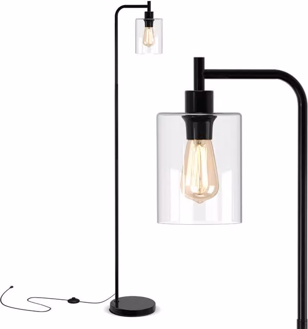 Costway Industrial Floor Standing Lamp with Black Metal Base and Transparent Glass Cylinder Shade