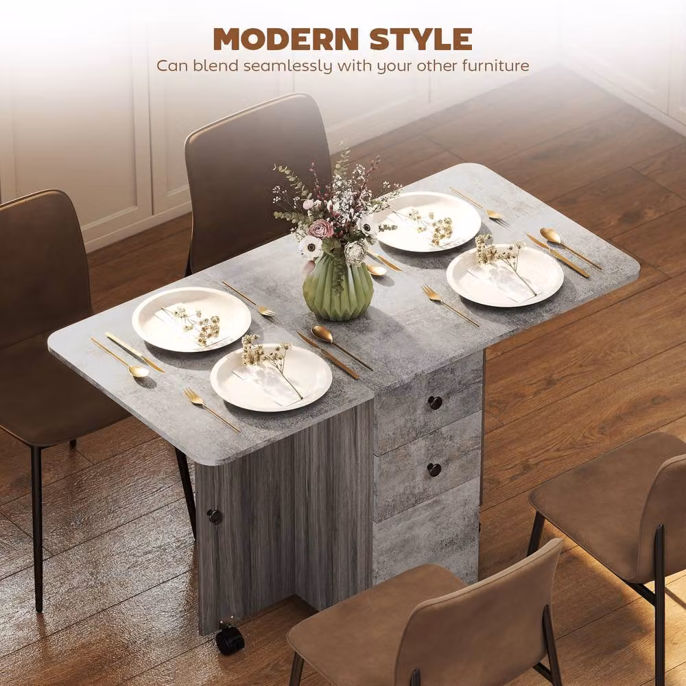 STILVORA Modern Grey Drop Leaf Dining Table with Castors – 5
