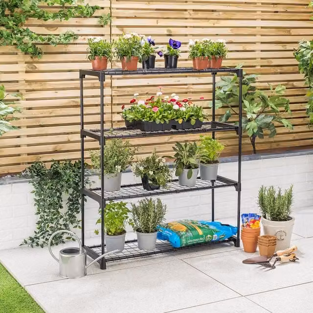 Christow 4 Tier Black Metal and Plastic Freestanding Greenhouse Staging Stand with Adjustable Shelves, H 107.5 cm x W 90 cm x D 30 cm