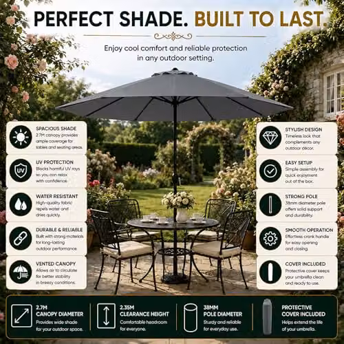 GlamHaus Garden Parasol Umbrella with UPF 40 Protection and Cover, Grey Steel and Polyester – 8