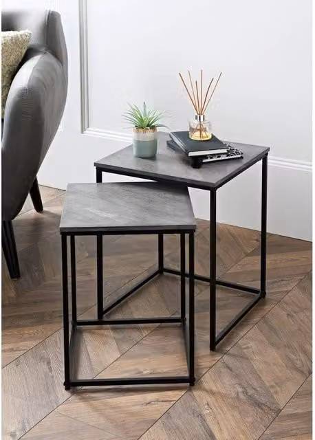 FORGEVIO Grey and Black Stone Effect Nesting Side Tables with Square Composite Tops – 1