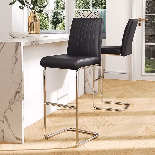 Livingandhome Set of 2 Mid Century Black PU Armless Bar Stools with Cantilever Base