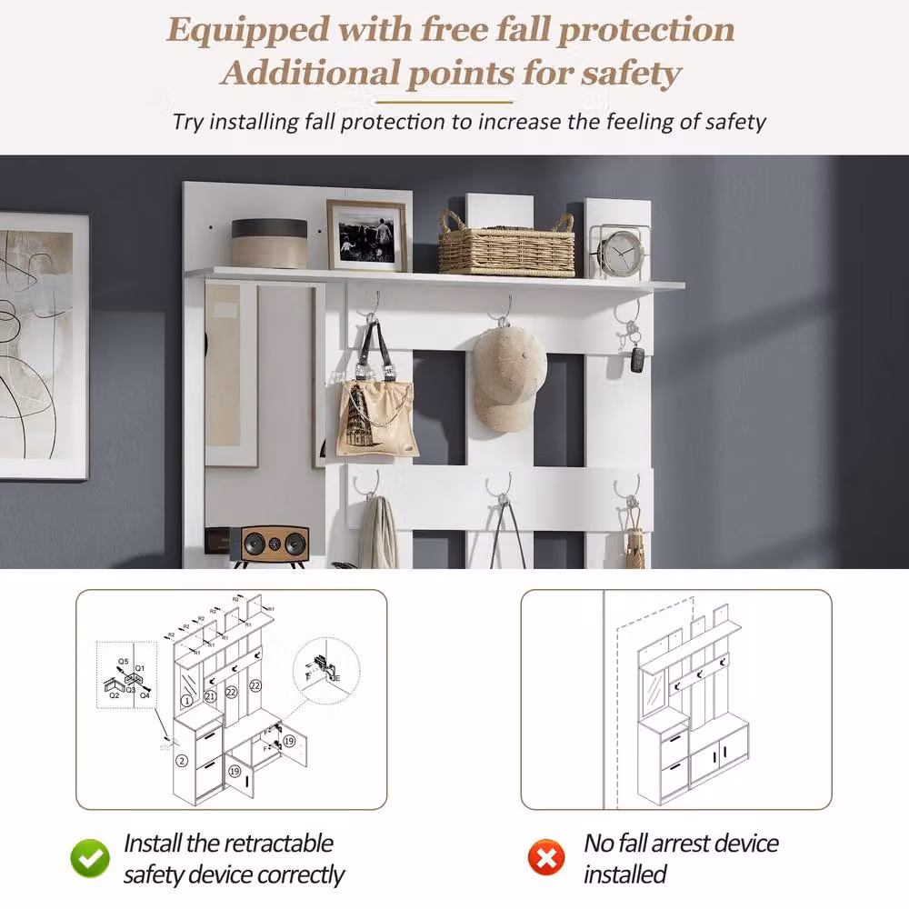 Merax Modern White Hall Tree Storage Unit with Shoe Bench, Mirror and Hooks, H 180 x W 80 x D 30 cm – 6