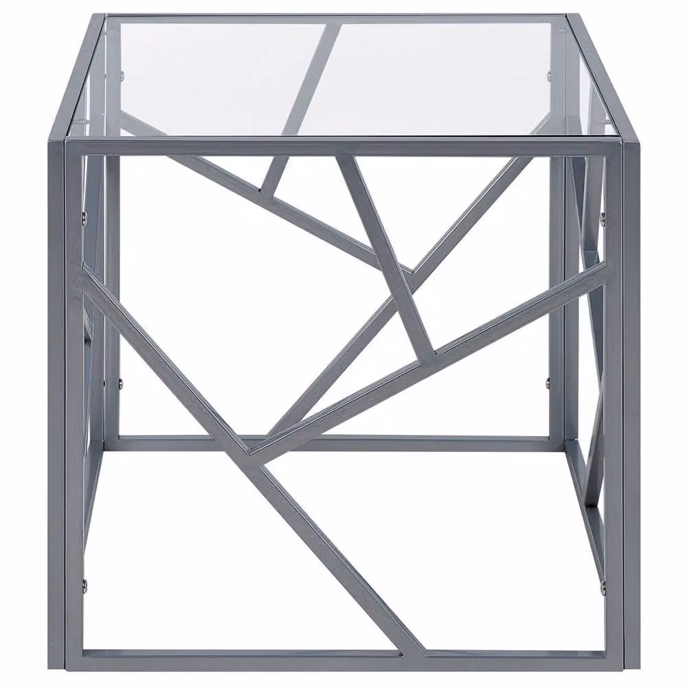 Wyld and Coco Modern Square Side Table with Transparent Glass Top and Silver Geometric Iron Base – 3