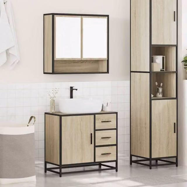 Berkfield Home 2 Piece Bathroom Furniture Set in Sonoma Oak and Tan, featuring a Mirror Cabinet and Vanity Unit – 1