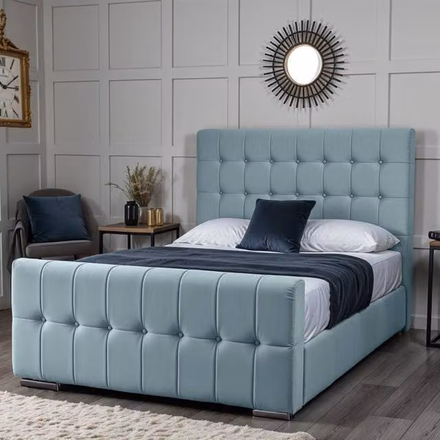 UK Bed Furniture Orlando Upholstered Bed in Blue, W/D/H: 200 x 200 cm – 1