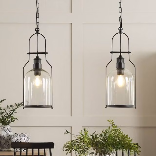 Wyld and Coco 2-Pack Industrial Suspended Pendant Lights in Black Metal and Transparent Glass, Height: 166 cm
