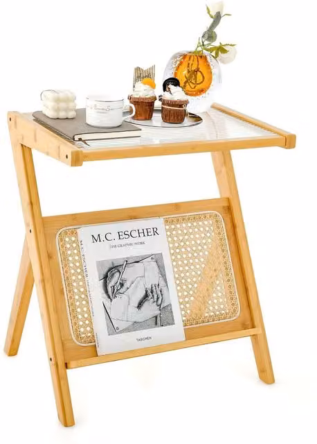 COSTWAY Brown Rustic Sofa End Table and Nightstand with Magazine Shelf and Glass Top