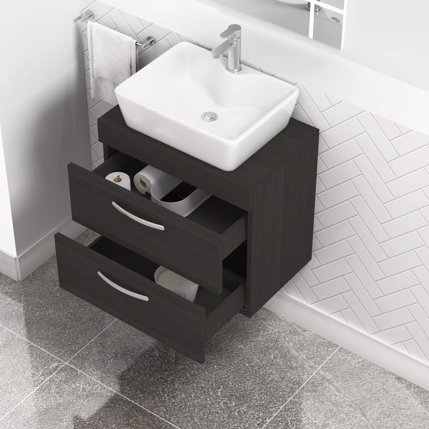 Royal Bathrooms Hale Wall Hung 2-Drawer Vanity Unit and Cube Countertop Basin in Matt Black and Grey