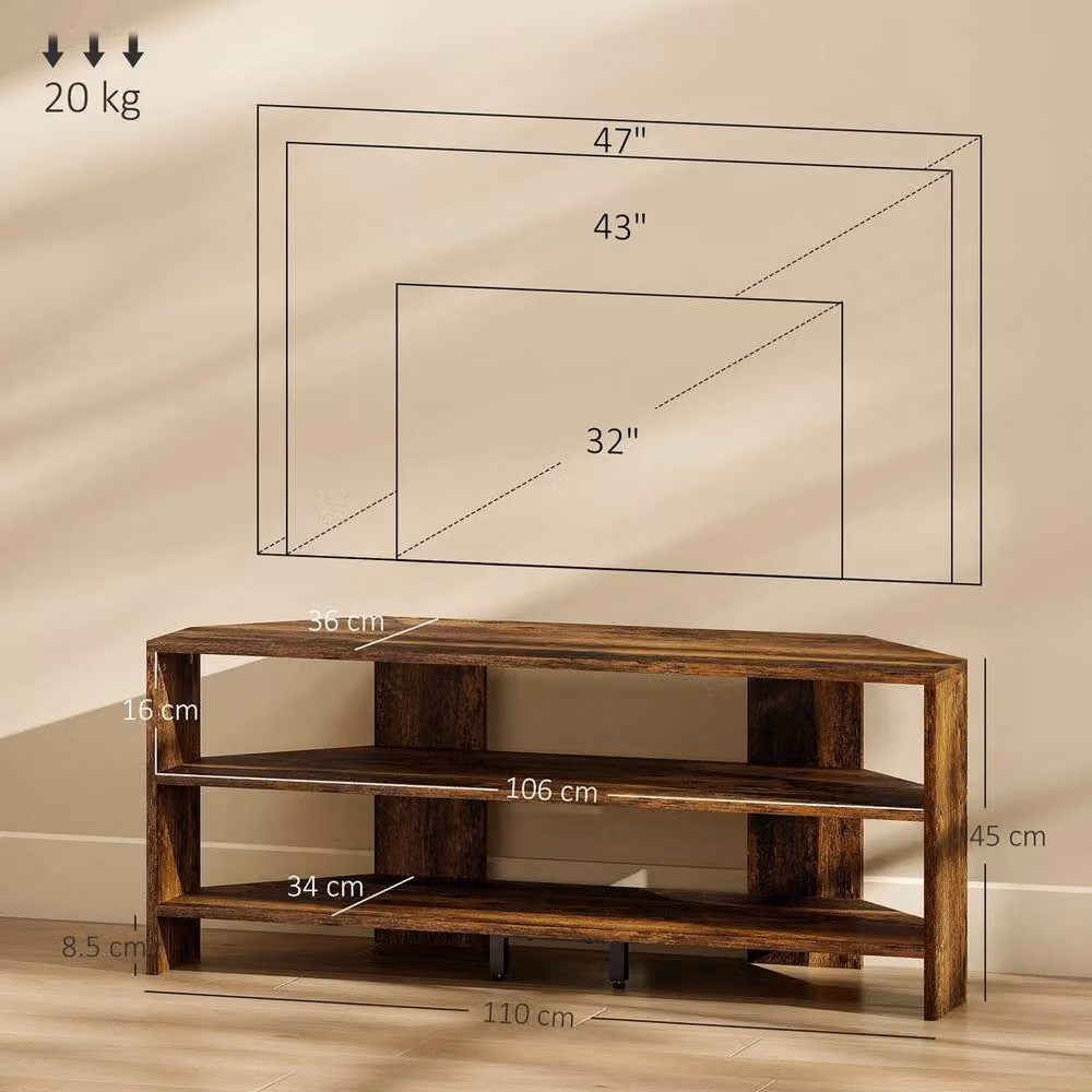 Havendro Rustic Brown Corner TV Stand with Open Shelves, W/D/H: 110 x 36 x 45 cm – 2