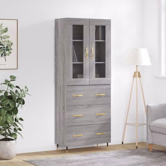 Berkfield Home Grey Sonoma Modern Highboard with Doors and Drawers, H 180 x W 69.5 x D 34 cm