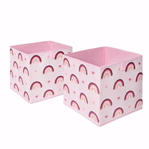 OHS Pack of 2 Rainbow Print Foldable Kids Storage Cube Organisers in Pink and Purple, W/D/H: 27.0 x 27.0 x 27.0 cm