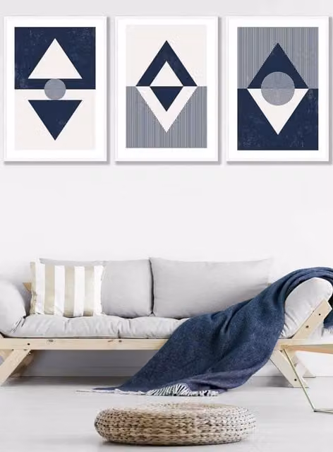 ARTZE Set of 3 Mid Century Geometric Navy Blue and White Abstract Wall Art with White Frames, W: 33 cm, H: 45 cm, D: 0.2 cm