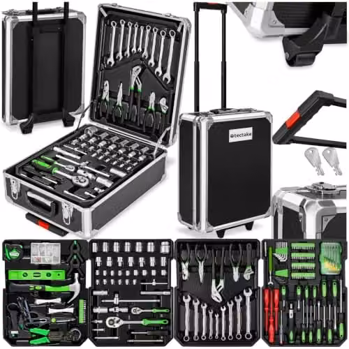 tectake Portable Tool Box Trolley Black Aluminium 1,200-Piece DIY Tool Kit with 4 Drawers and Wheels