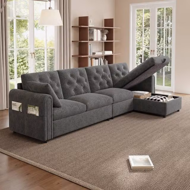 Merax Grey Velvet L-Shaped Corner Sofa Bed with Reversible Storage Chaise, W/D/H: 281 x 132 x 86 cm