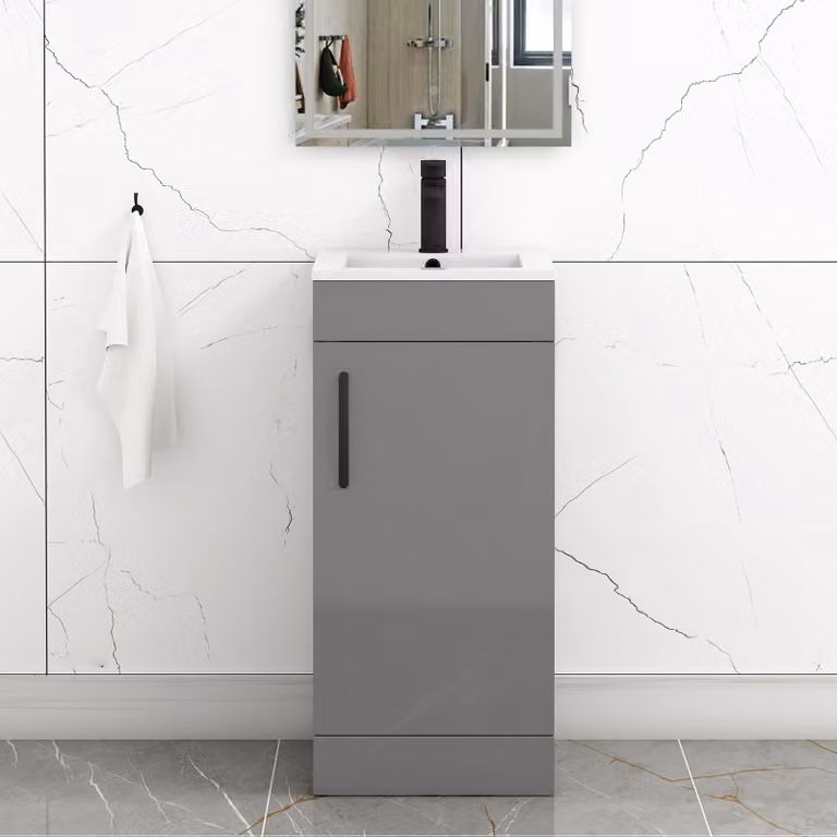 Royal Bathrooms Turin 400mm Floor Standing Cloakroom Vanity Unit with Basin Sink, 1 Door, Grey Glossy Finish