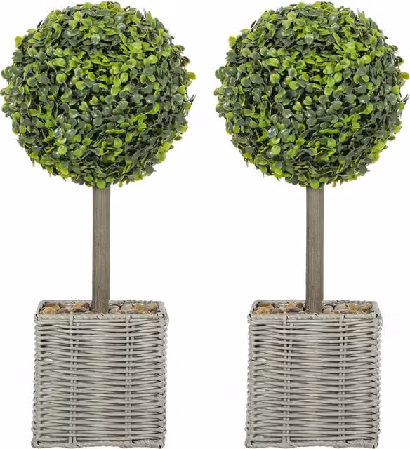 HOMCOM Set of 2 Green Artificial Boxwood Topiary Balls with Woven Pots and Pebbles, Height: 50 cm