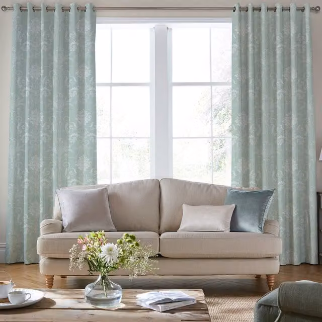 Laura Ashley Josette Made To Measure Blackout Floral Eyelet Curtains in Duck Egg Blue