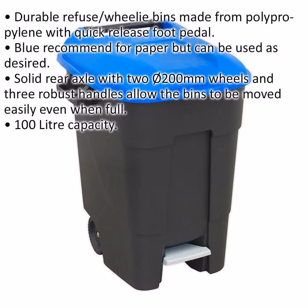Loops 100 Litre Blue Plastic Wheelie Bin with Foot Pedal and Two 200mm Wheels – 2
