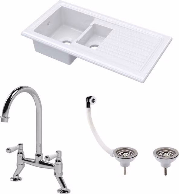 Balterley White Matt Ceramic 1.5 Bowl Kitchen Sink with Drainer, Waste and Tap, W: 1010 mm – 1