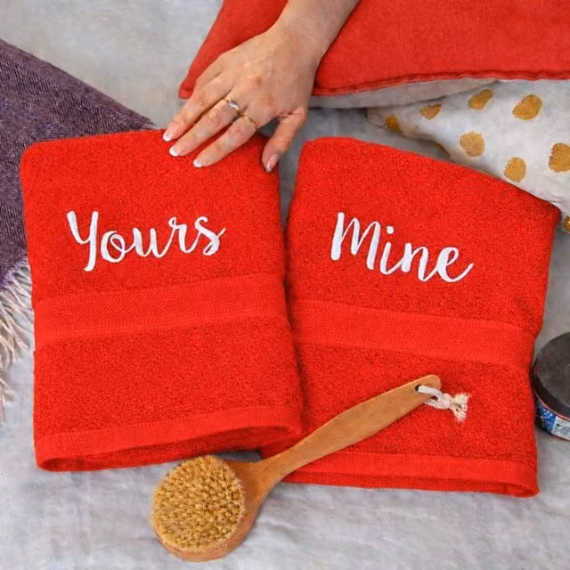 Duncan Stewart Personalised Red Cotton Terry Bath Towel Set for Couples