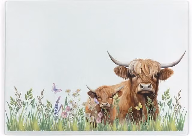 Purely Home Highland Cow Mum and Calf Glass Worktop Protector and Chopping Board, Brown and Multicolour