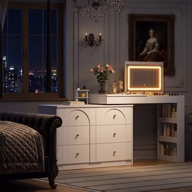 FENCHILIN Modern White and Gold Dressing Table with Hollywood LED Lighting and Rotating Flip Mirror – 1