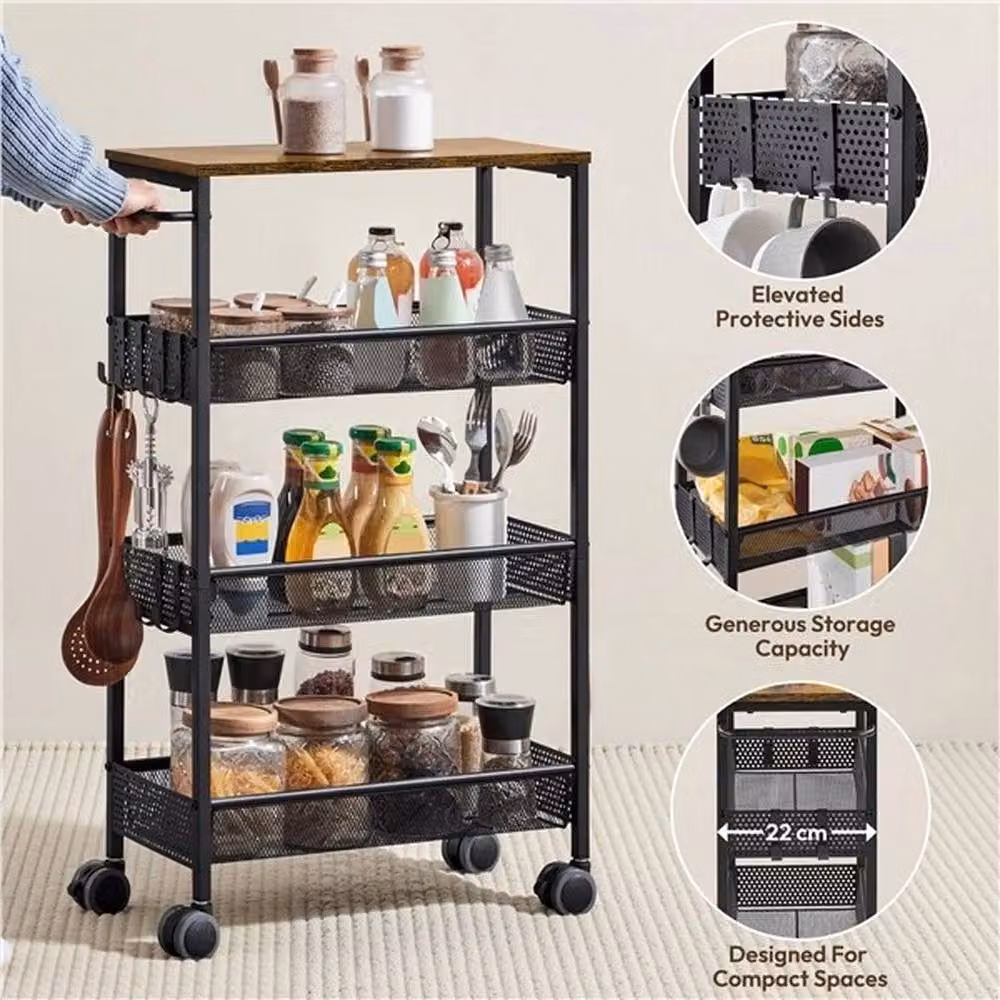 Kelvenix 4-Tier Brown and Black Rustic Storage Trolley on Wheels – 4