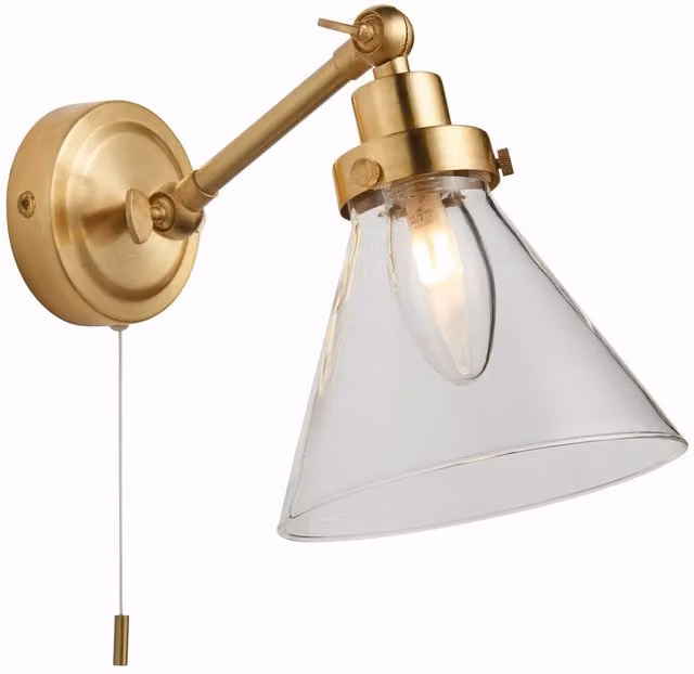 Endon Faraday Adjustable Dome Bathroom Wall Light with Pull Cord in Satin Brass and Clear Glass