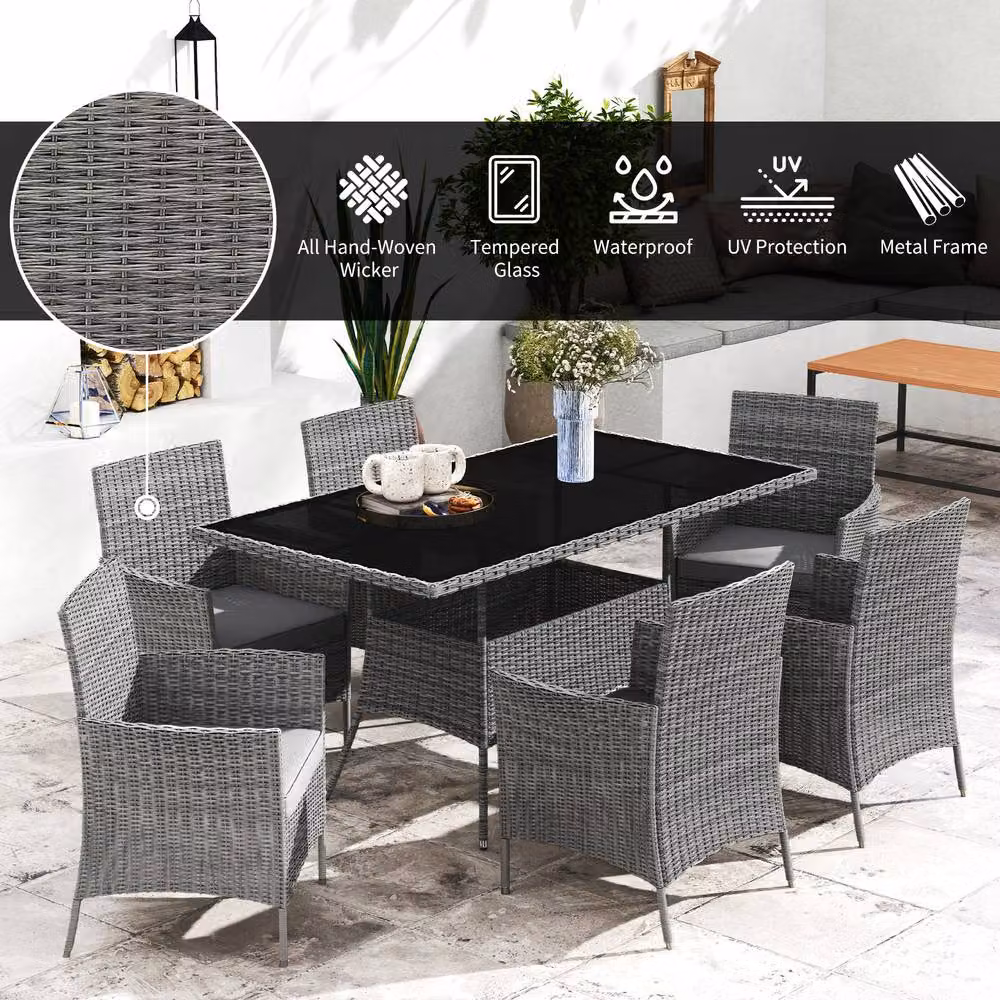 Outsunny 7-Piece Grey Polyrattan Garden Dining Set with Glass Top Table and 6 Chairs – 9