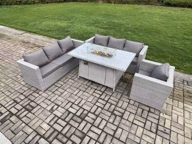 Fimous 7 Seater Rattan Outdoor Garden Dining Set with Gas Fire Pit Table and Armchairs in Light Grey