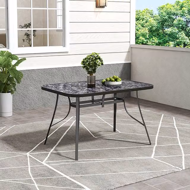 Breeins Black Marble Effect Tempered Glass Garden Table, W: 120 cm, H: 72.5 cm