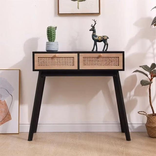 FORGEVIO 2 Drawer Console Table and Makeup Vanity Desk in Natural and Black, W/D/H: 77.5 x 40 x 90 cm