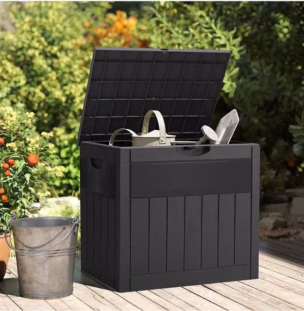 Living and Home 126L Waterproof Large Plastic Garden Storage Box with Padlock in Black Wood-Grain Texture