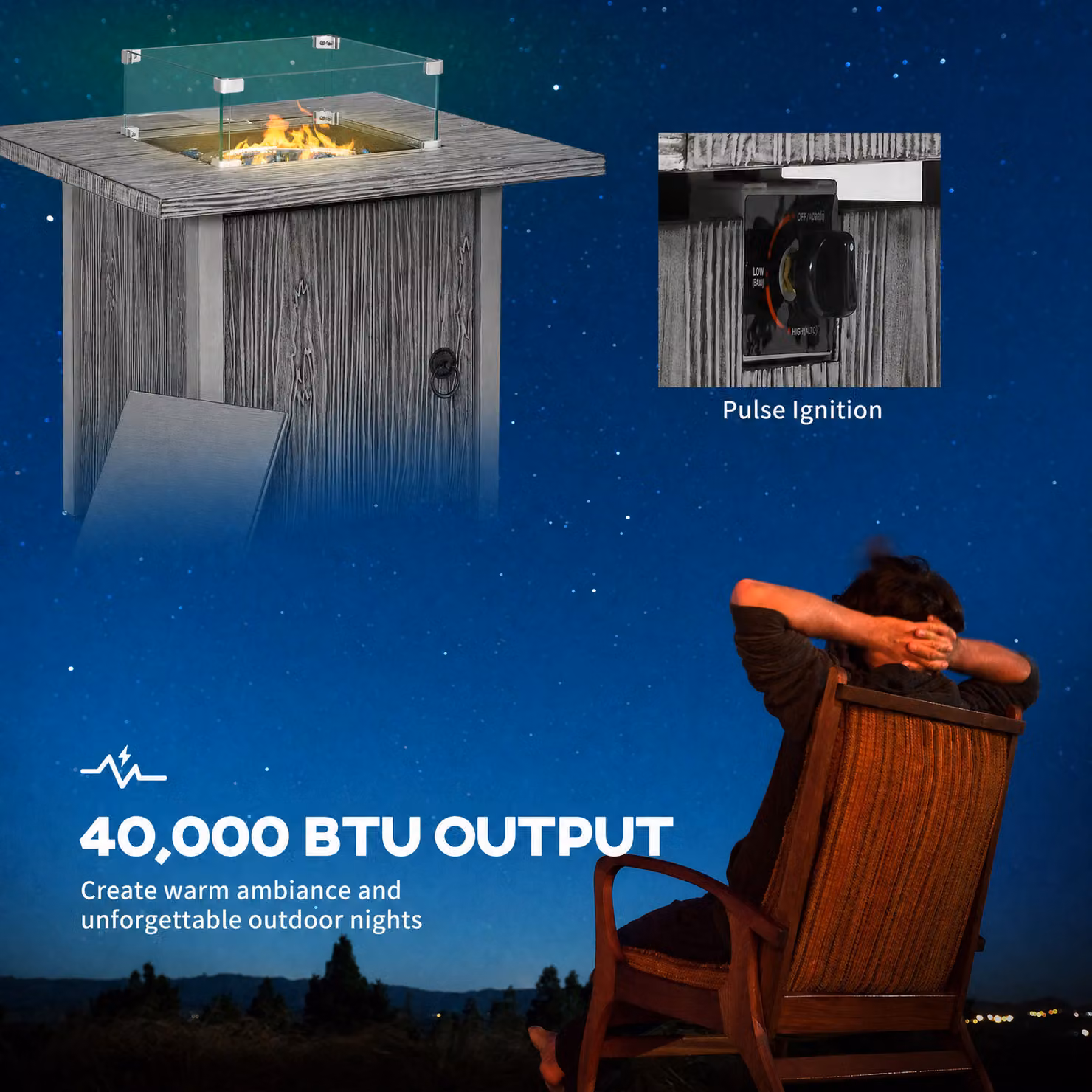 Outsunny 40,000 BTU Gas Fire Pit Table with Cover, Glass Screen and Glass Beads, Grey – 4
