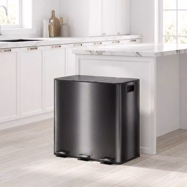 STILVORA 45L Triple Pedal Bin with Soft-Close Lid and Odour Filter in Black Stainless Steel – 1