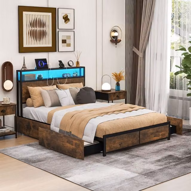 Costway Double Size Metal Bed Frame in Brown with LED Light Headboard, USB Charging Port, Bedside Shelf and 4 Storage Drawers, W/D/H: 140 x 200 cm