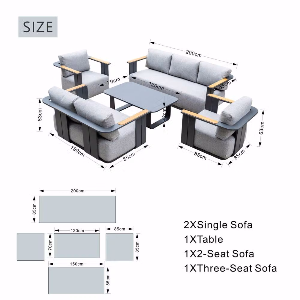 MIMO Garden 7-Seater Grey Powder Coated Aluminium Garden Sofa Set with Teak Armrests, U-Shape Lounge Armchairs, Outdoor Sofas and Coffee Table with Upholstered Cushions – 4