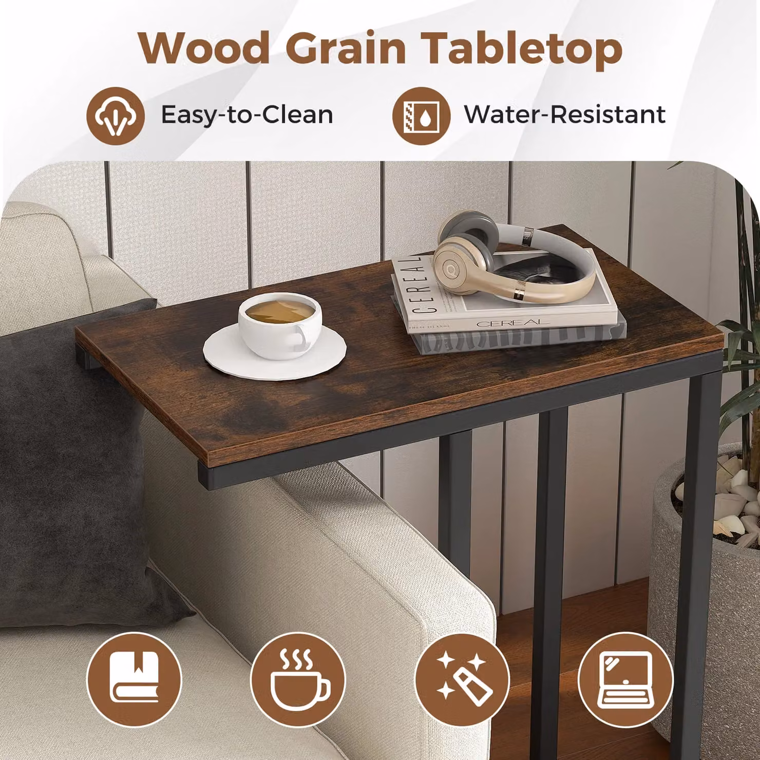 Gymax C-Shaped End Table with Metal Frame, Brown, Height: 64 cm – 4