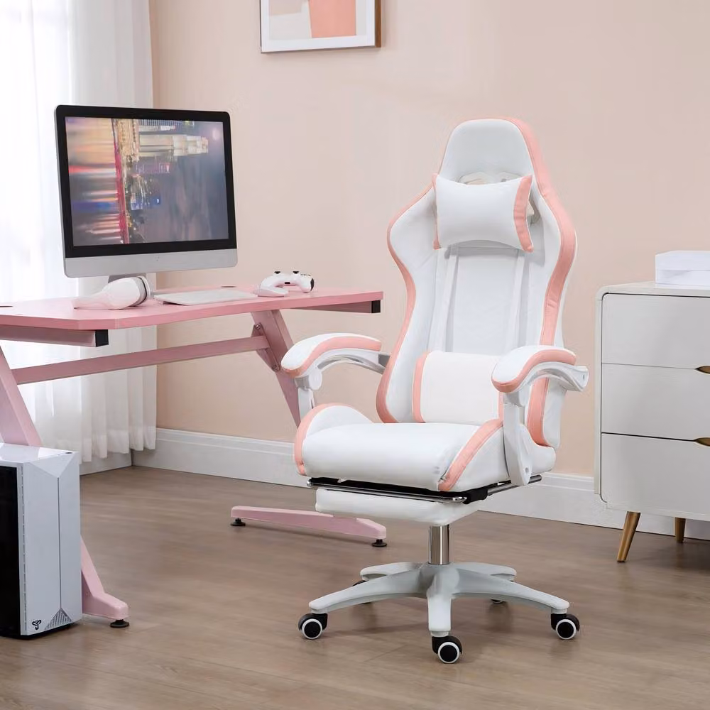STILVORA Pink and White Gaming Chair with Footrest, Reclining Back, and Headrest – 2