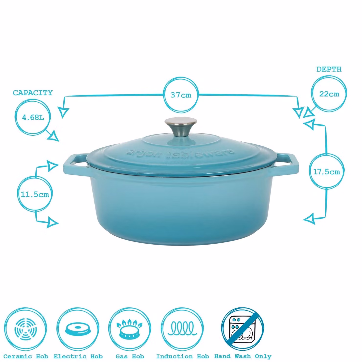 Argon Tableware 2x Oval Cast Iron Casserole Dishes with Self Basting Lids in Petrol Blue, 4.68L – 6