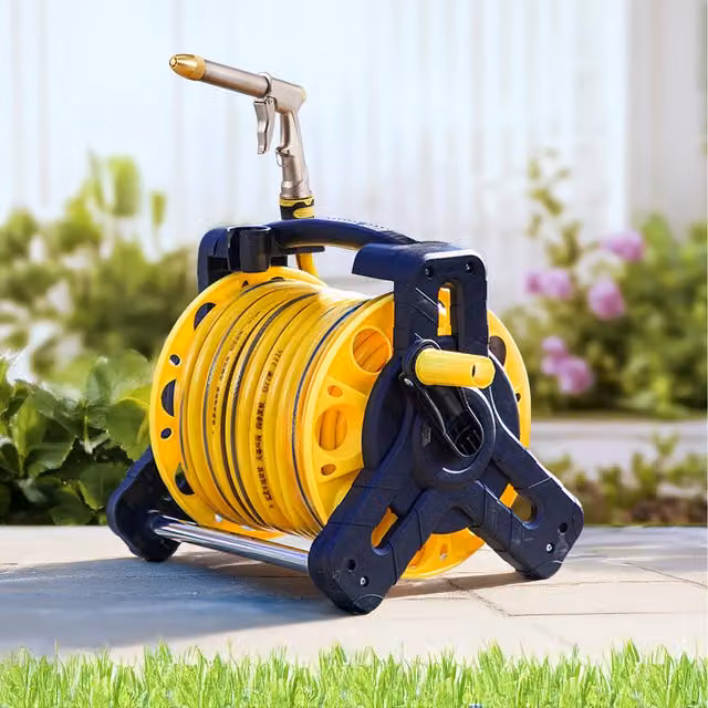 Komore Portable Freestanding Garden Water Hose Pipe Reel Cart Set, Yellow and Black, 25m