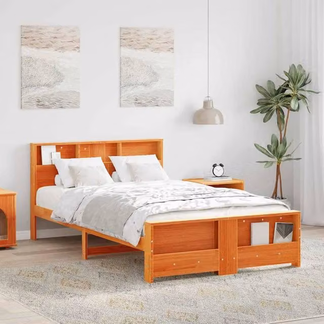 Berkfield Home Modern Pine Bed Frame with Headboard in Waxed Brown, W/D/H: 190 x 120 x 82 cm – 1