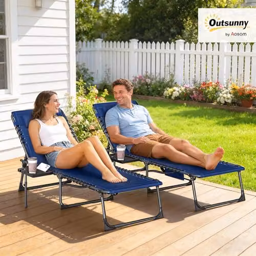 Outsunny Set of 2 Folding Sun Loungers in Blue with Textilene Fabric, Cup Holders and Adjustable Headrests, W/D/H: 190 x 60 x 31 cm – 2