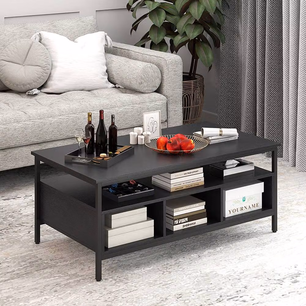 Gymax 3-Tier Rectangular Coffee Table with Shelf, Black Metal and Wood Frame – 3