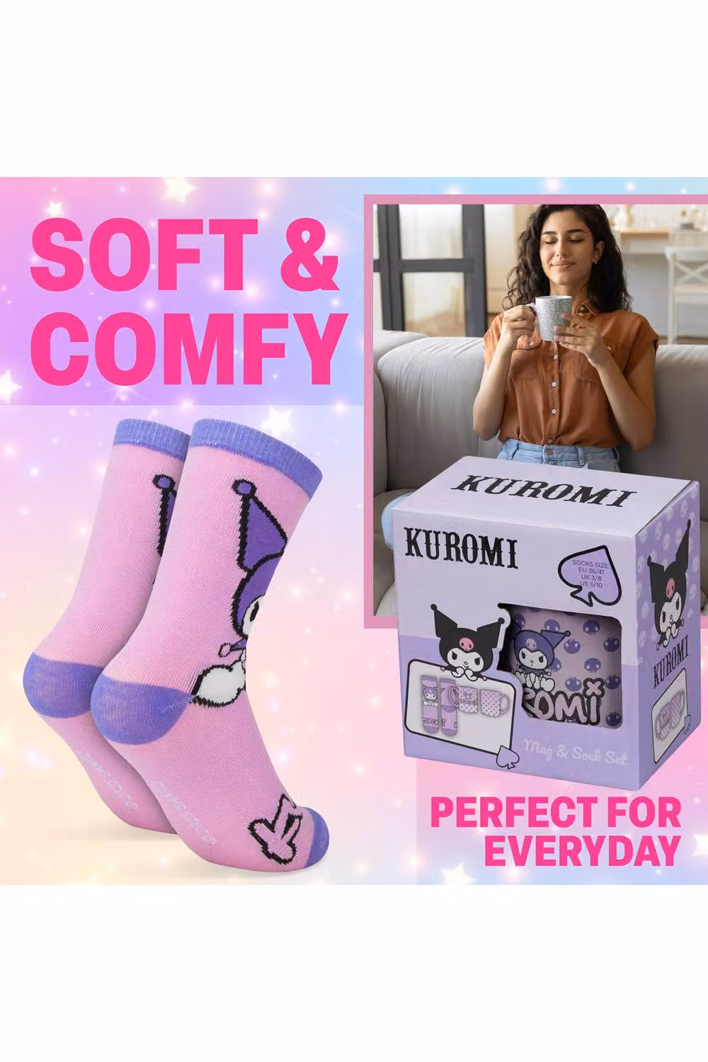 Get Trend Sanrio Kuromi Ceramic Mug and Crew Socks Gift Set, Purple – 4