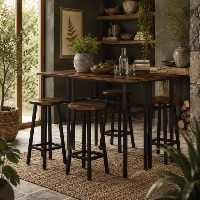 Wyld Haus Halulo 6 Piece Counter Bar Dining Set in Rustic Brown with 2 Tables and 4 Stools
