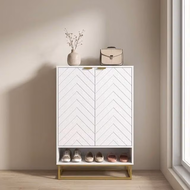 STILVORA Modern White and Gold Shoe Cabinet with Hinged Doors and Internal Shelves, W/D/H: 73 x 35 x 95 cm – 1