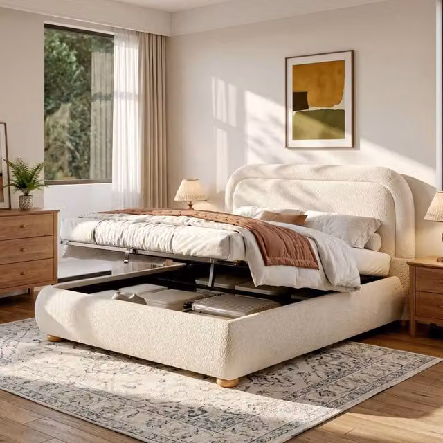 BTM King Ottoman Bed, Boucle Upholstered Lift Up Base, Beige, W/D/H: 150 x 200 x 170 cm
